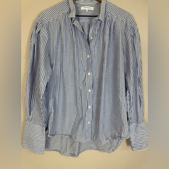 Frame Denim Pleated Clean Collar Blouse Navy Multi Blue White Stripe size Large - Picture 7 of 16